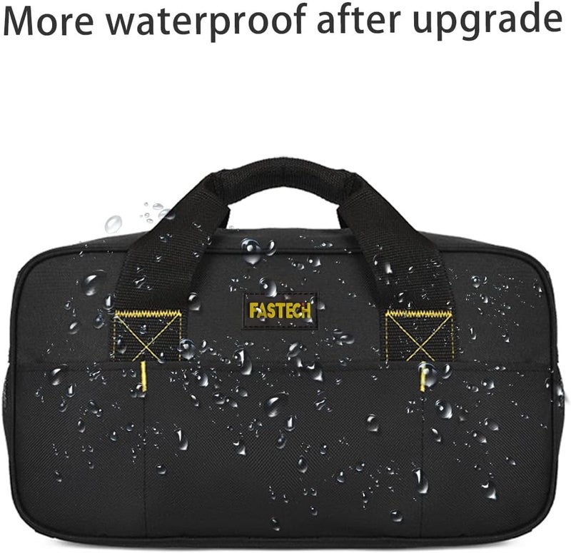 FSATECH 14 Inch Small Tool Bag, Wide Mouth Tool Tote Bag, Waterproof Tool Organizer Bag, Electricians Repairman Tools Tote Bag Double Fabric Storage Bag (Black+Blue) - Image 4